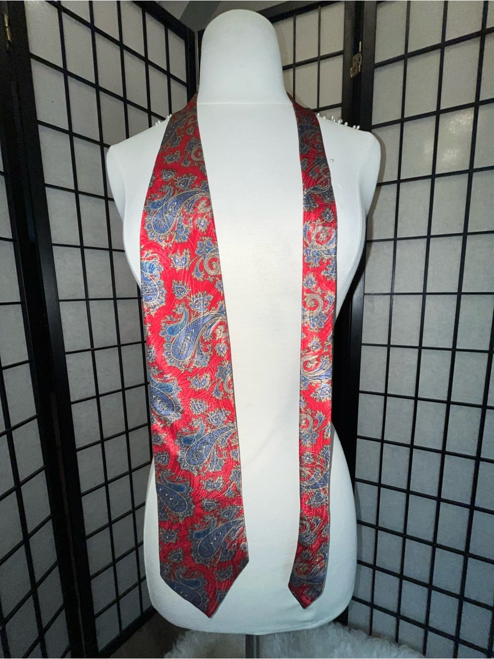 Dior Red Paisley Silk Tie with Blue & Gold Accents